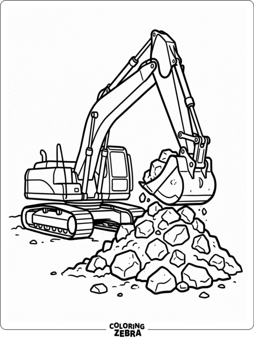 An excavator moving rocks with a raised bucket