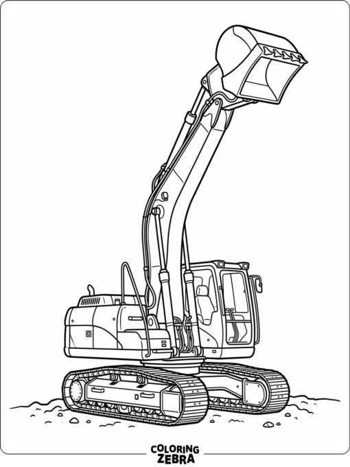 An excavator with its bucket raised high