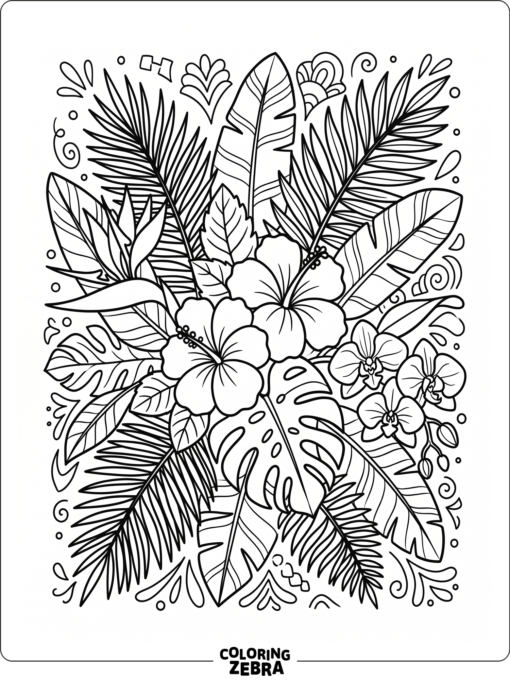 Exotic tropical flowers with broad leaves