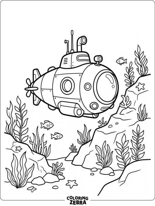 A submarine exploring the ocean floor near rocks