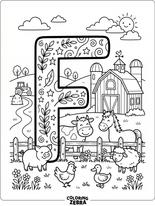 A big letter F with a barn, fence, and farm animals