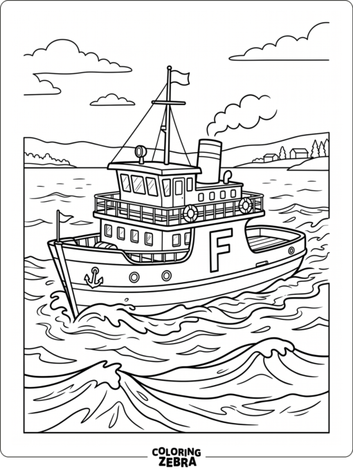 A ferry boat on water with waves and a bold letter F