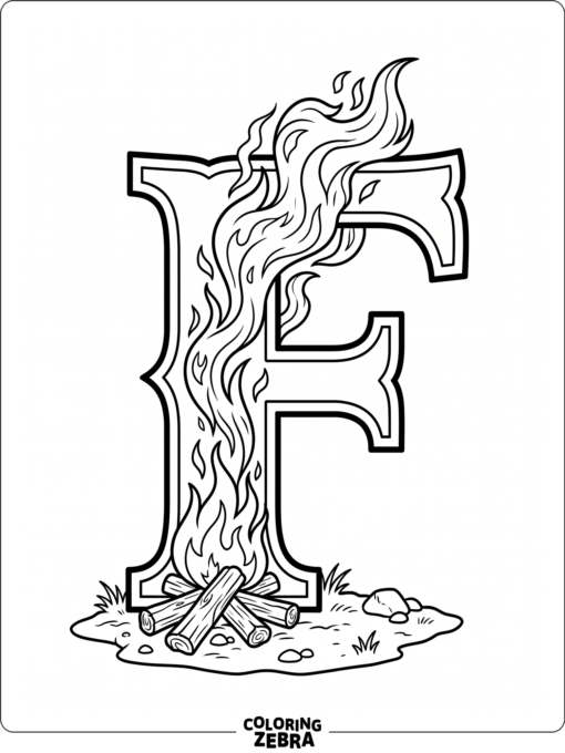 A big letter F with a small campfire and flames