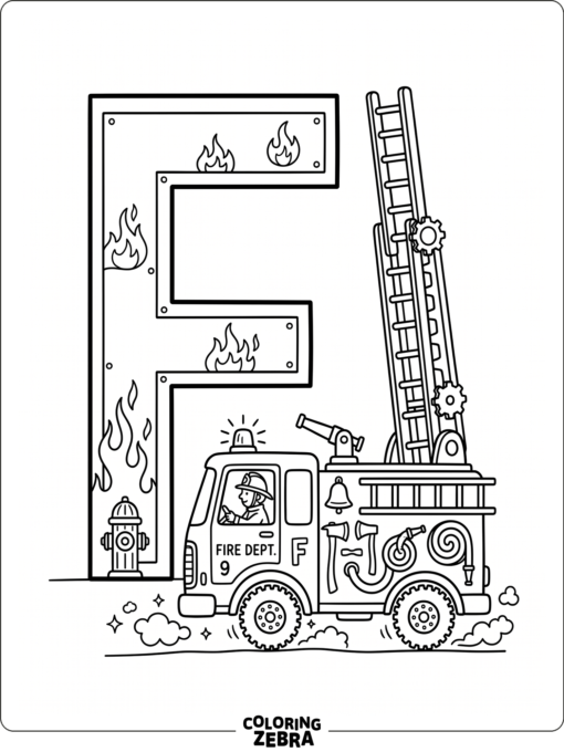 A big letter F with a fire truck and ladder