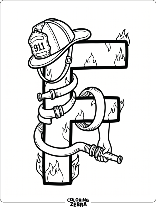 A big letter F with a firefighter helmet and hose