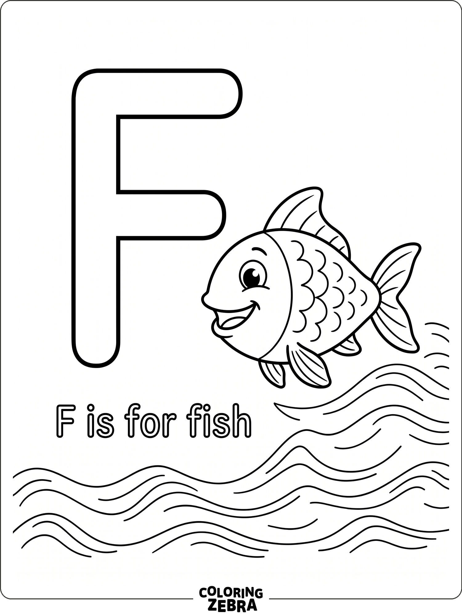 A big letter F with a fish, bubbles, and seaweed