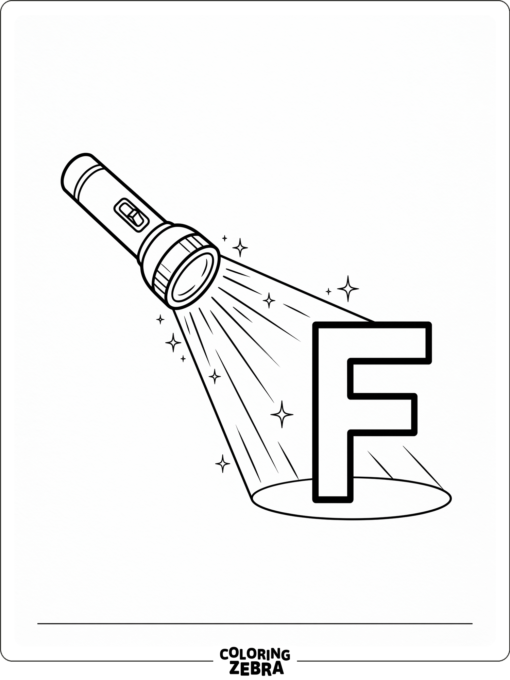 A flashlight with a bright beam next to a large letter F