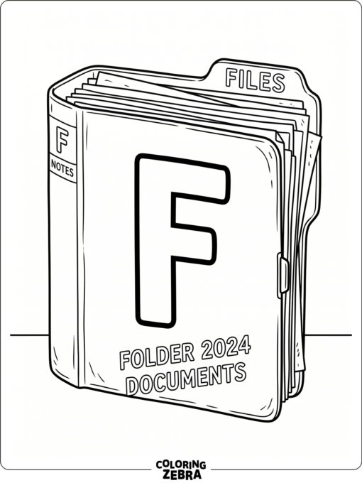 A folder holding papers beside a large letter F