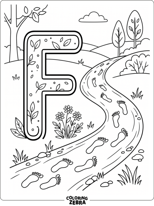 Footprints trail across a path next to a bold letter F