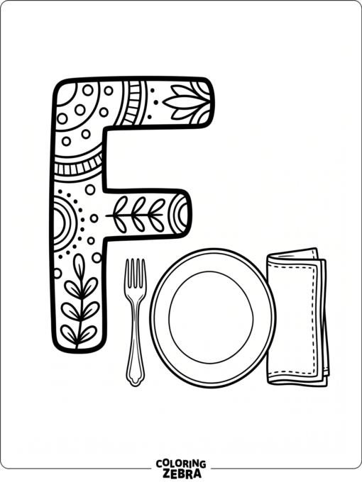 A big letter F with a fork beside a plate