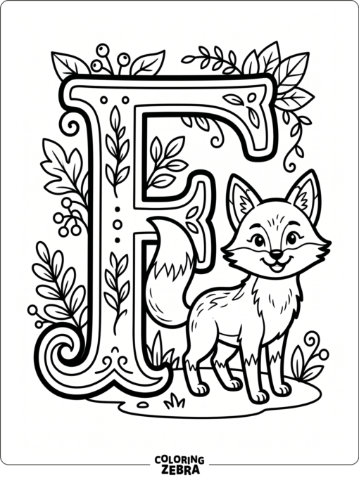 A fox stands beside the letter F