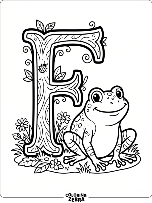 The letter F beside a frog on a simple page