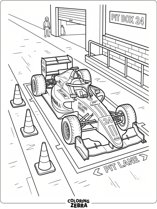 An open-wheel formula car in a pit lane with cones