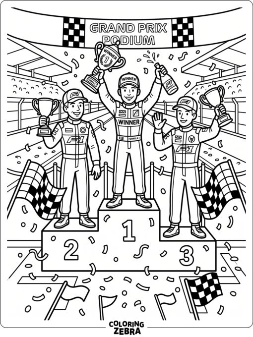 F1 trophy on a podium with flags