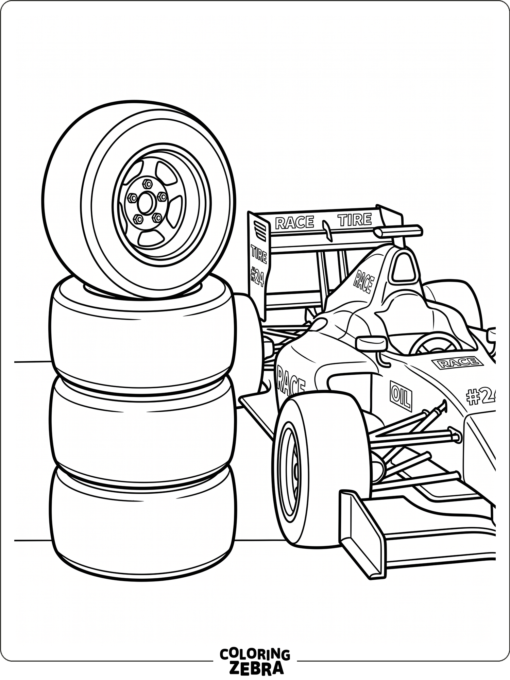 Slick racing tires stacked beside a formula car