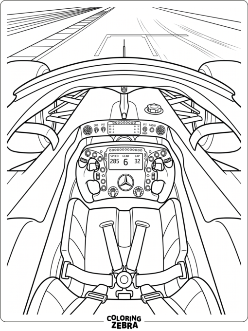F1 cockpit with steering wheel and seat