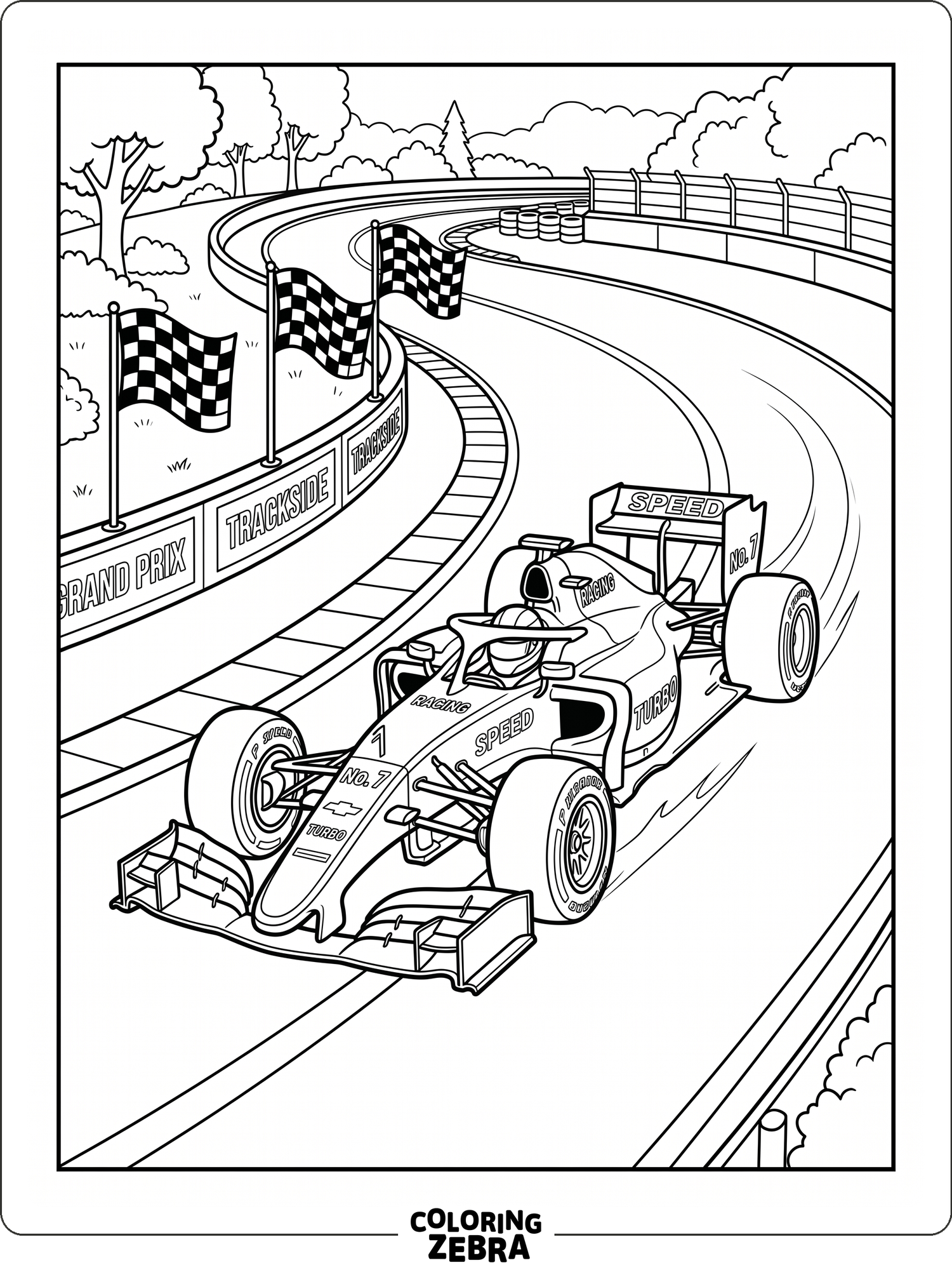 A sleek race car with bold stripes on a winding track