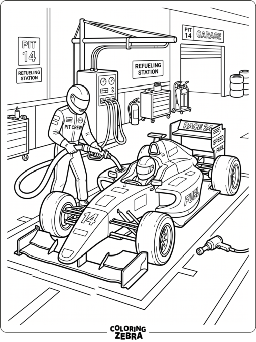 A formula car stopped in a pit box
