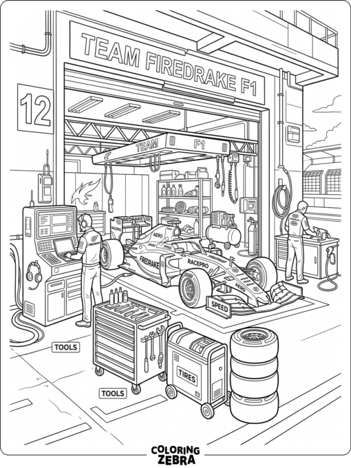 F1 garage with an open car bay and tools