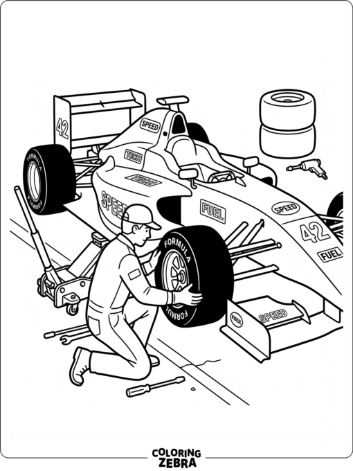 A mechanic changing a tire on a formula car