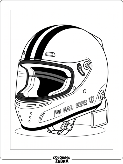 A racing helmet with visor stripes and sponsor marks