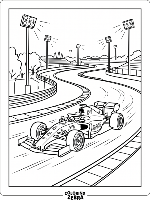 F1 car racing under floodlights at night