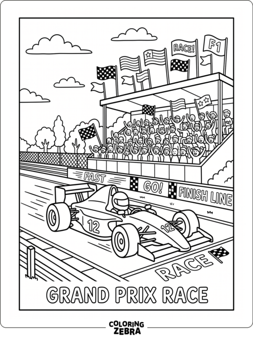 A race car near a grandstand with waving flags