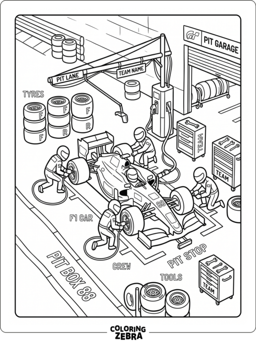 F1 pit lane with crew tools and tires