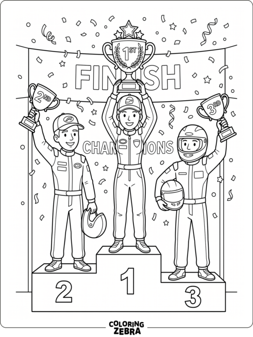 Three drivers on a podium with trophies and confetti