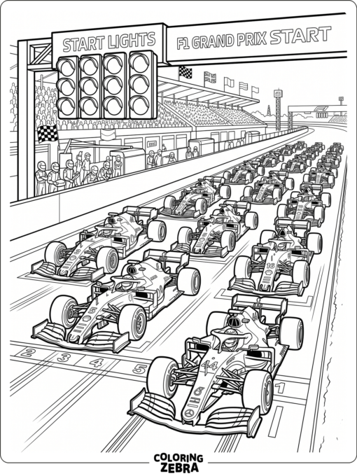 F1 cars lined up under the start lights