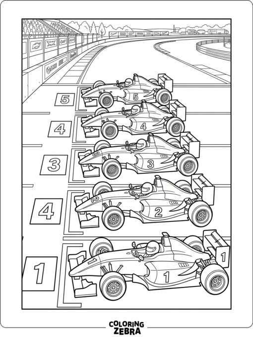 Several formula cars lined up on the starting grid