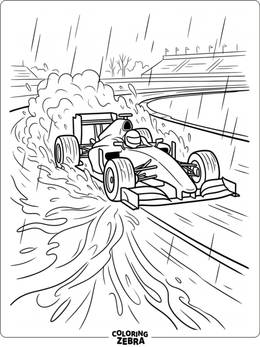 F1 car driving through rain and spray