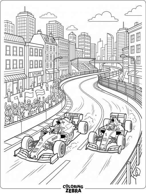 F1 cars racing past buildings on a street circuit