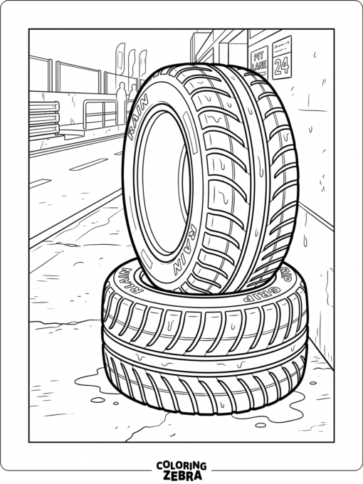 Wet racing tires with deep grooves beside a pit wall