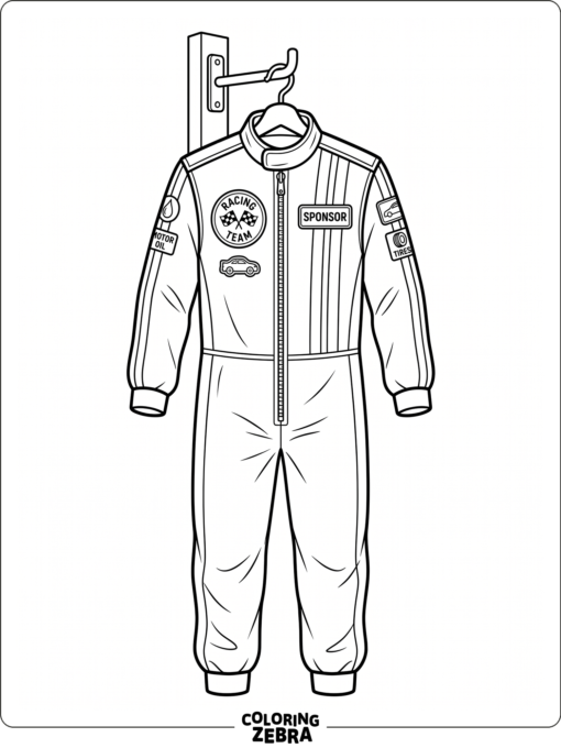A racing suit hanging on a hook with patches