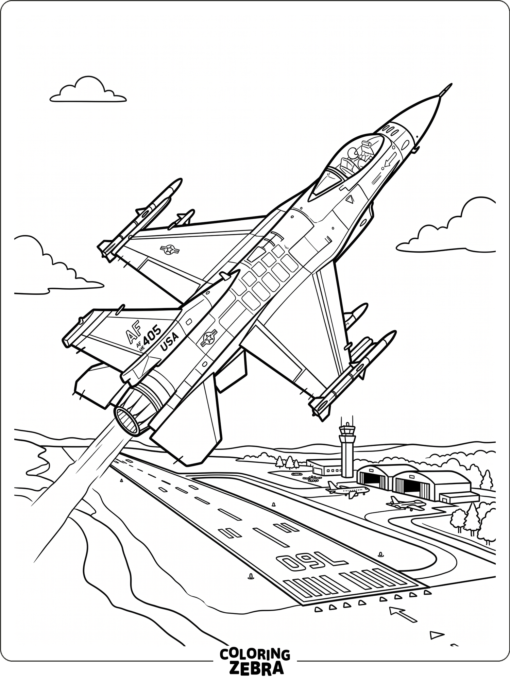 An F16 fighter jet banking over a runway