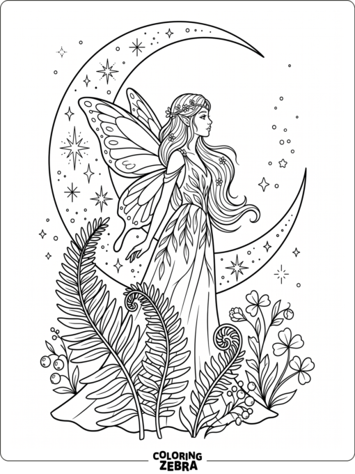 A mystical fae beside a crescent moon