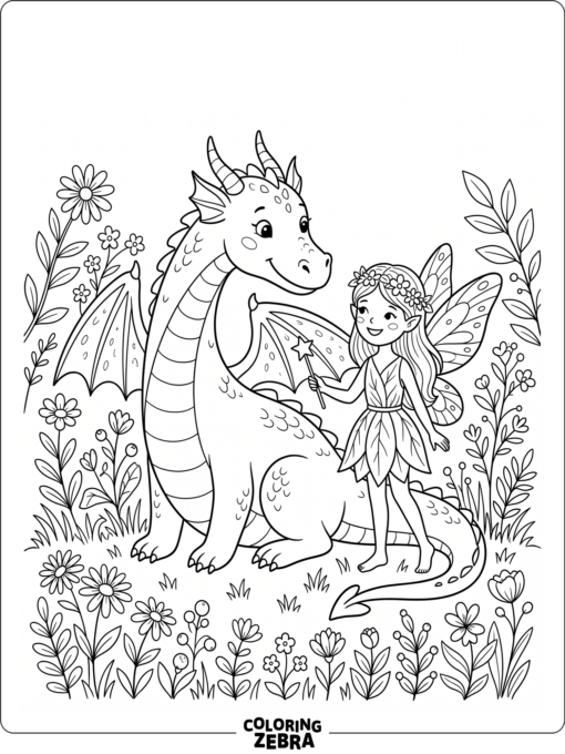 A fairy standing beside a gentle dragon