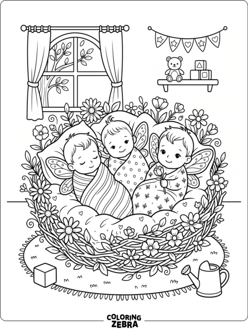 Fairy babies nestled in flowers and soft blankets
