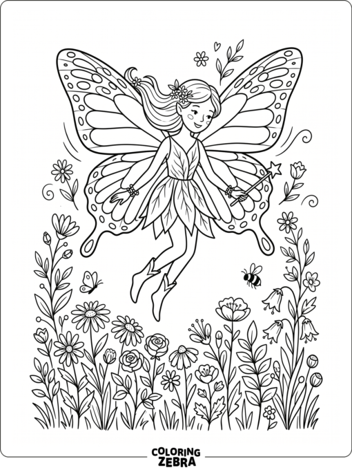 A butterfly fairy above a flower patch