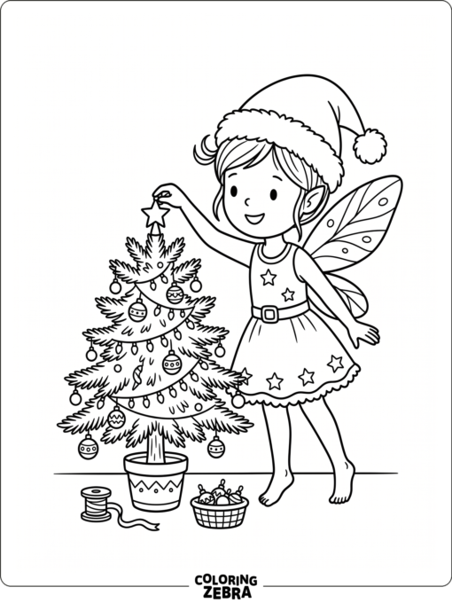 A fairy in a Santa hat decorating a tree