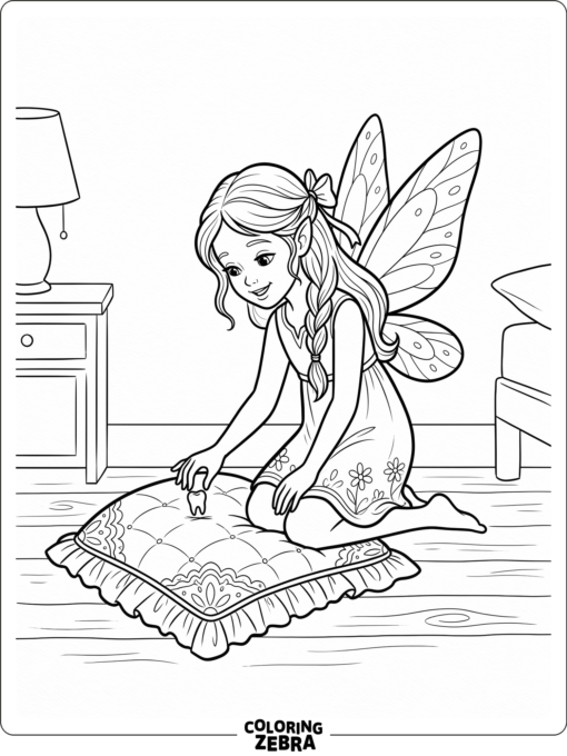 A fairy kneeling beside a pillow and picking up a tooth