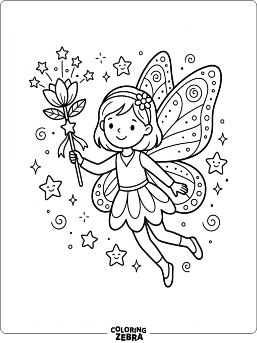 A cute fairy with wings and a flower wand