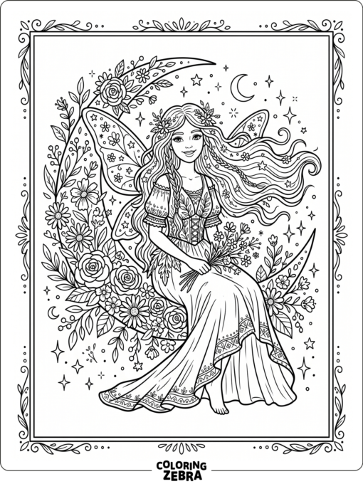 A boho fairy with flowers and flowing hair