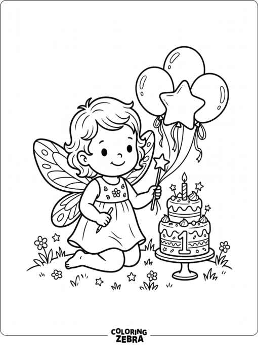 A baby fairy beside balloons and a birthday cake