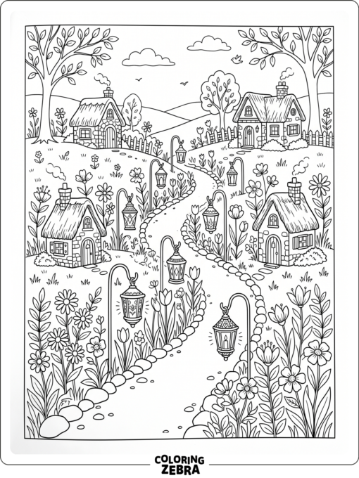 A fairy path with flowers and lanterns