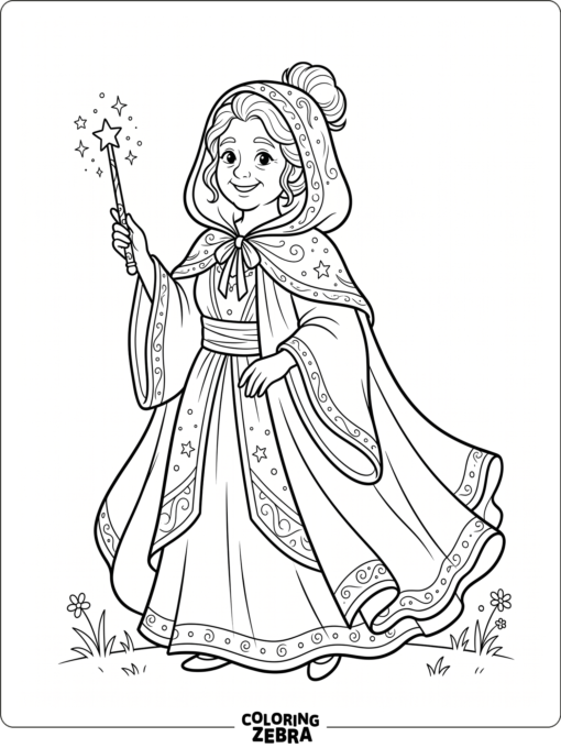A fairy godmother with a wand and cloak