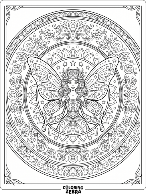 A fairy framed by a flower mandala