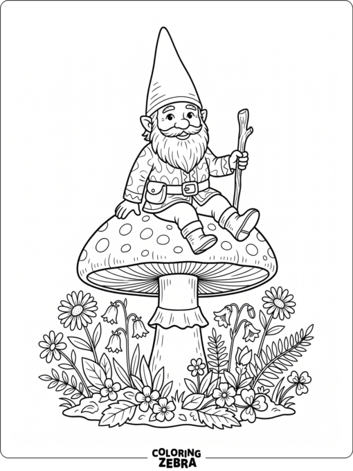 A gnome sitting on a mushroom with flowers nearby