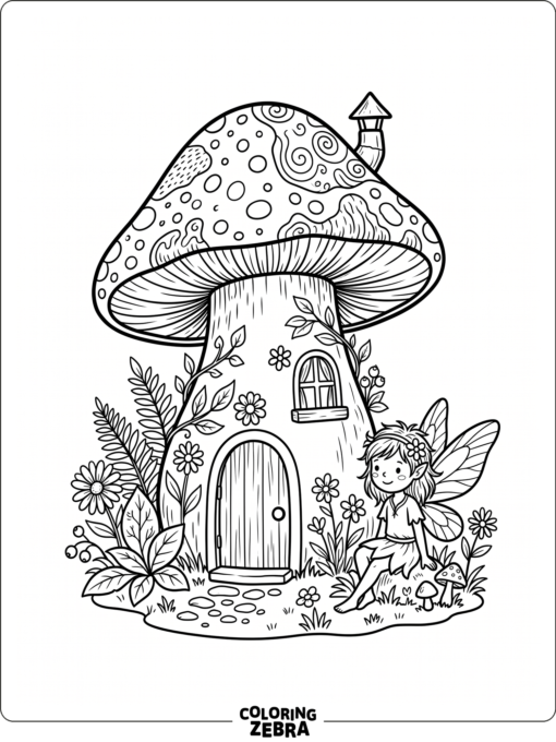 A fairy beside a mushroom house with flowers and a small door